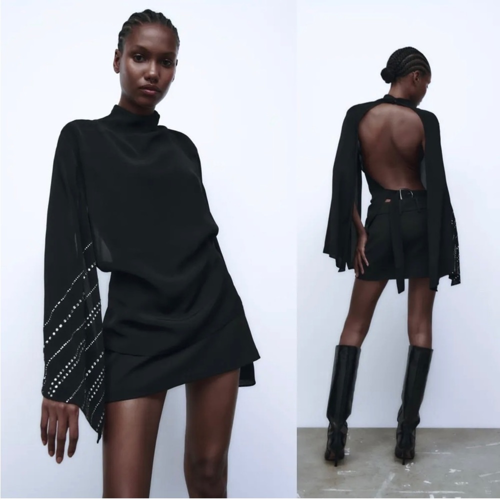 Zara Black Open-Back Top with Silver Accents